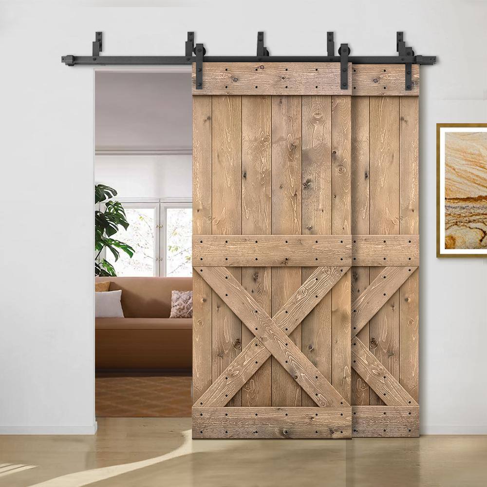 Light Brown Knotty Pine Double Barn Door with Black Hardware