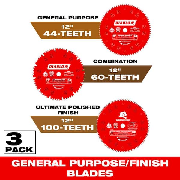 DIABLO 12 in. Saw Blades for Wood 44-Tooth General Purpose, 60-Tooth Combination, 100-Tooth Ultimate Polished (3-Blades)