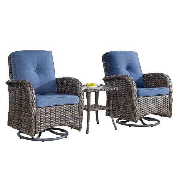 Brown 3-Piece Wicker Patio Conversation Set with Blue Cushions and Coffee Table All-Weather Swivel Rocking Chairs
