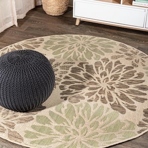 Zinnia Sage/Brown 5 ft. Modern Floral Textured Weave Indoor/Outdoor Round Area Rug