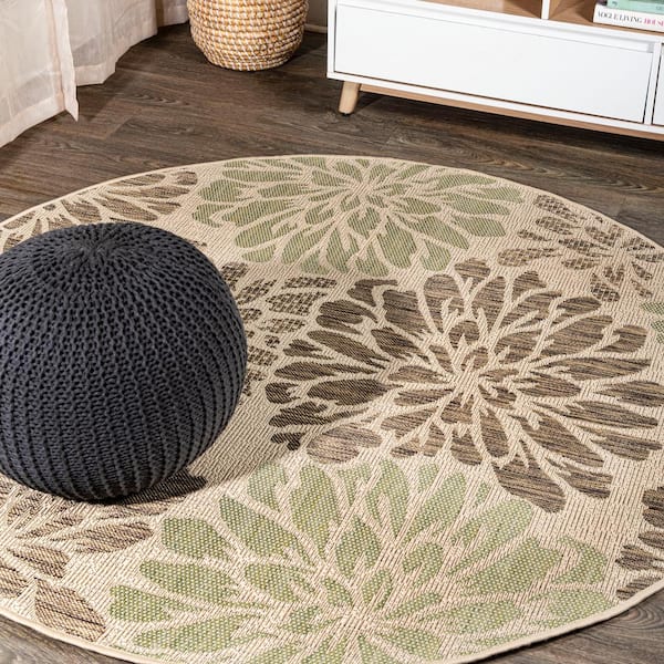 JONATHAN Y Zinnia Sage/Brown 5 ft. Modern Floral Textured Weave Indoor/Outdoor Round Area Rug