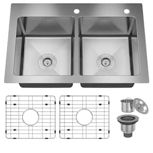 33 in. Drop-In Double Bowl 18 Gauge Stainless Steel Kitchen Sink with Bottom Grid, Basket Strainer Drain and accessories