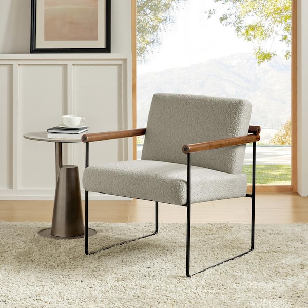 JAYDEN CREATION Juan Dove Modern Sherpa Arm Chair with Metal Base and Solid Wood Arm and Back