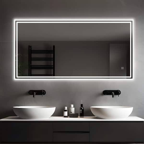 PexFix 47 in. W x 24 in. H LED Rectangular Frameless Wall Mirror in Silver
