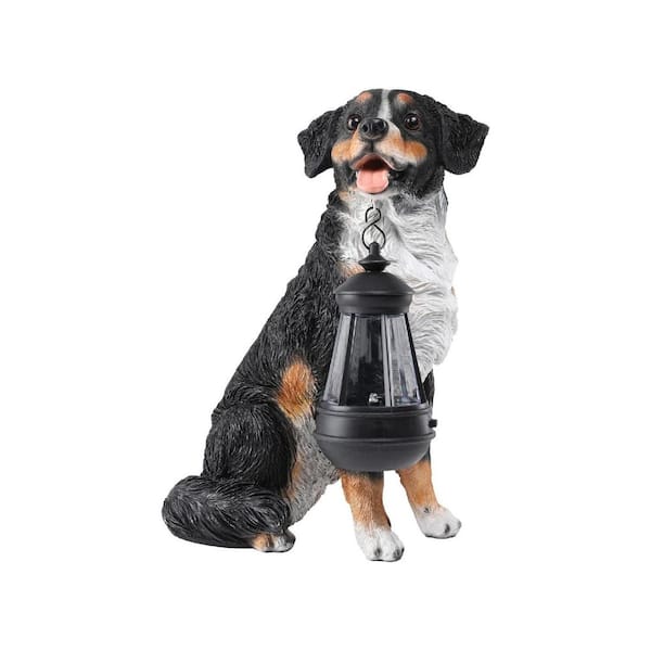 8 in. x 12 in. Black Resin Dog Garden Statue with Solar Lantern
