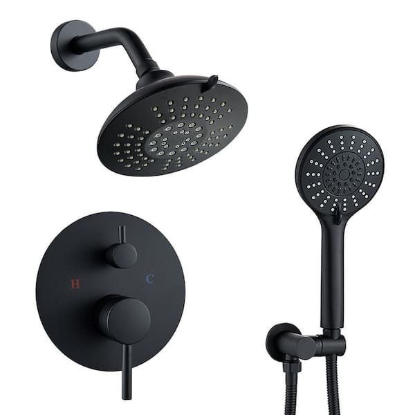 6-Spray Rainfall Dual Shower Head Wall Mount Fixed and Handheld Shower Head Faucet System 1.8 GPM in Matte Black