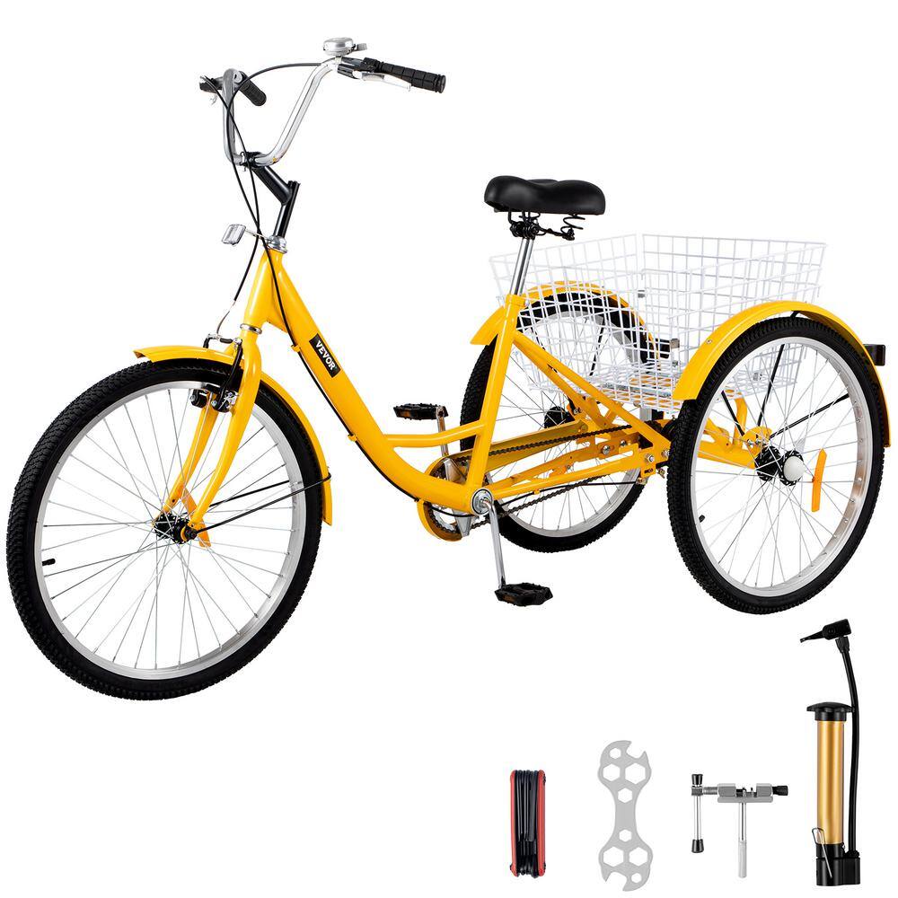 Yellow Adult Tricycle 24 in. 1-Speed 3 Wheel Bikes, Foldable Adult Tricycle Adjustable Bike Trike, Cruise Bike Seat