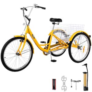 Adult Tricycle 24 in. Three Wheel Bikes 1 Speed Tricycle with Bell Brake System Bicycles with Basket for Shopping,Yellow