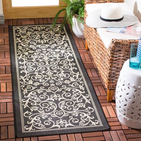 Courtyard Black/Sand 2 ft. x 16 ft. Border Scroll Floral Indoor/Outdoor Runner Rug