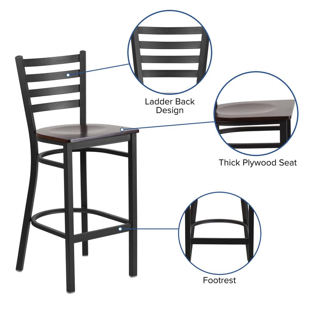 Walnut Wood and Black Metal Ladder Back Barstool
