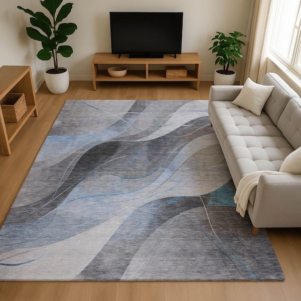 Mayfield Premium Machine Washable Abstract AMF1668 Sky 3 ft. x 5 ft. Area Rug