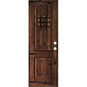 30 in. x 96 in. Mediterranean Knotty Alder Arch Top Red Mahogony Stain Left-Hand Inswing Wood Single Prehung Front Door