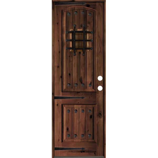 Krosswood Doors 30 in. x 96 in. Mediterranean Knotty Alder Arch Top Red Mahogony Stain Left-Hand Inswing Wood Single Prehung Front Door