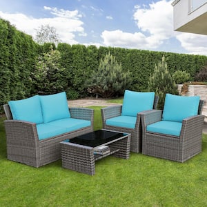 4-Piece Rattan Patio Conversation Set with Turquoise Cushions