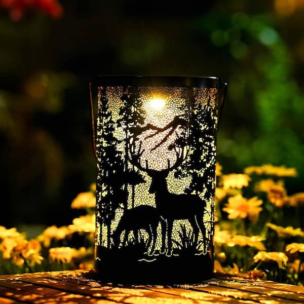 5 in. x 13 in. Black Steel Solar Lantern Outdoor Waterproof Deer