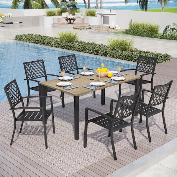 PHI VILLA 7-Piece Metal Outdoor Patio Dining Set with Wood-like Rectangular Slat Table-Top and Elegant Stackable Chairs