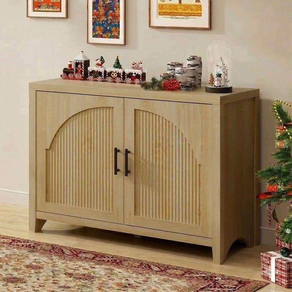36.6 in. Modern Coastal Oak TV Stand Entertainment Center Fits TVs Up to 40 in. with 2-Arched Reeded Doors