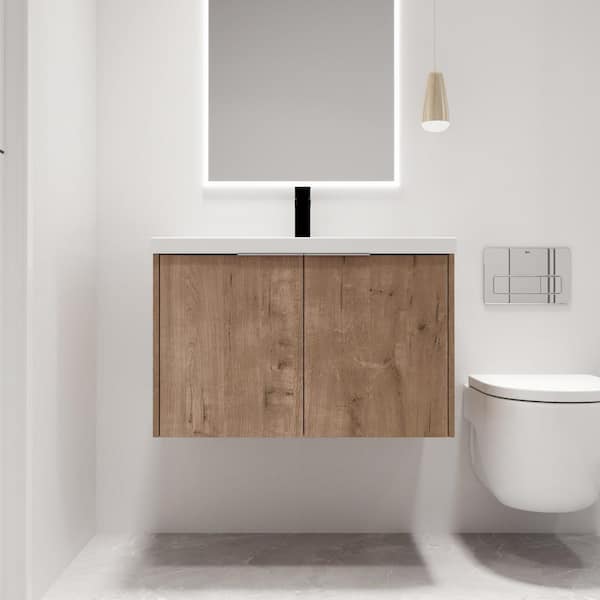 ARTCHIRLY 29.5 in. W x 18.1 in. D x 19.3 in. H Wall-Mounted Bath Vanity in Beige with White Resin Vanity Top