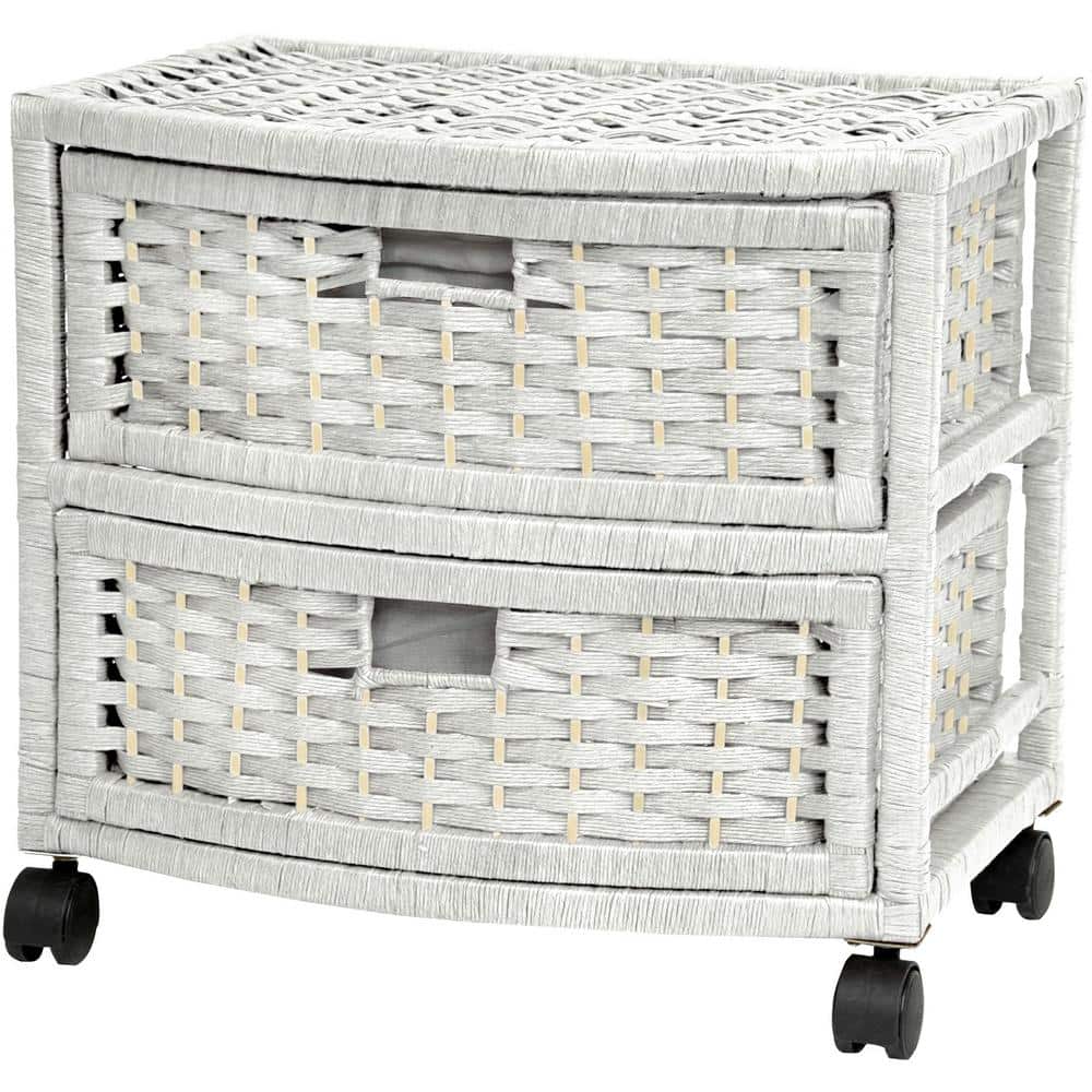 White Woven Fiber 2-Drawer Chest with Casters
