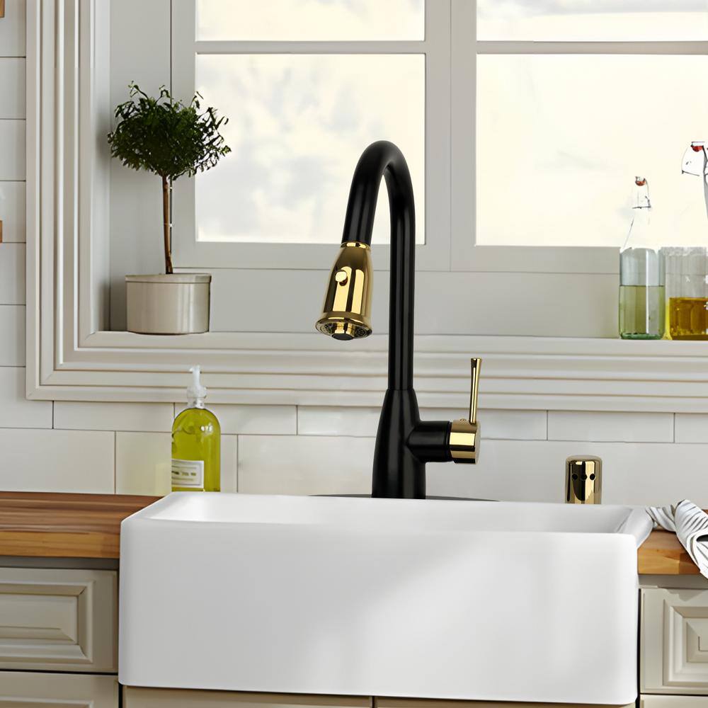 Matte Black and Gold Brass Kitchen Faucet with Pull Down Sprayer