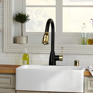 One-Handle Matte Black and Gold Pull Down Kitchen Faucet with Deck Plate