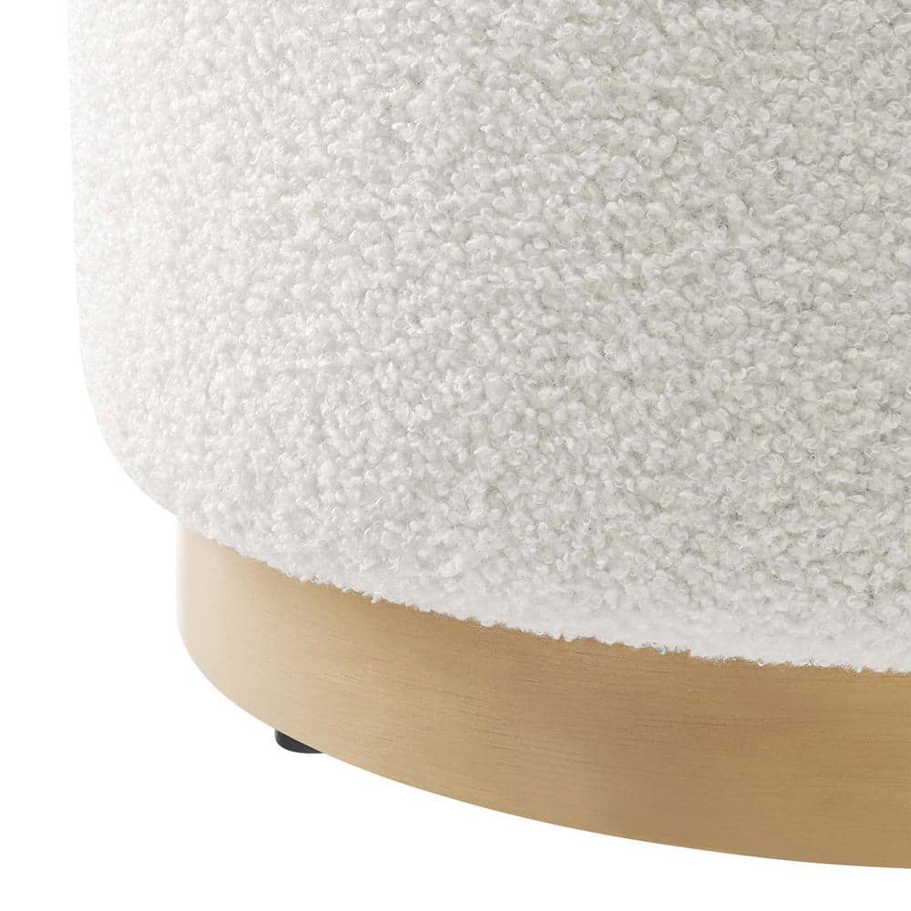 Ivory Sherpa Upholstered Round Ottoman with Rubberwood Base