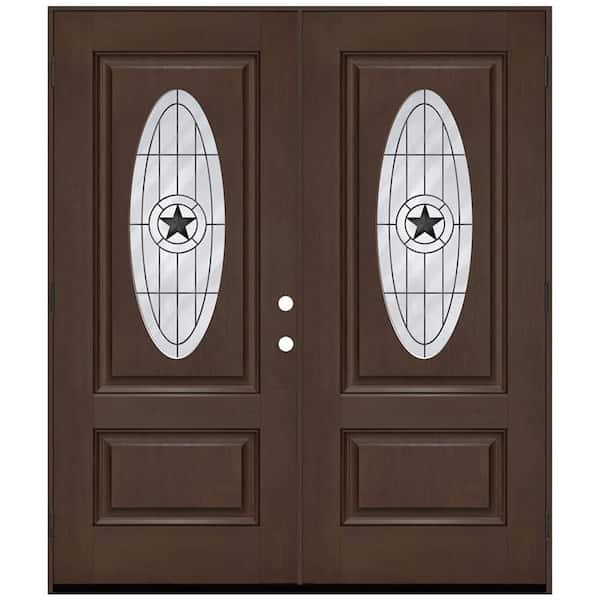 Regency 72 in. x 80 in. 3/4L Oval Alamo Glass RHOS Hickory Fiberglass Double Prehung Front Door with 4-9/16 Jamb