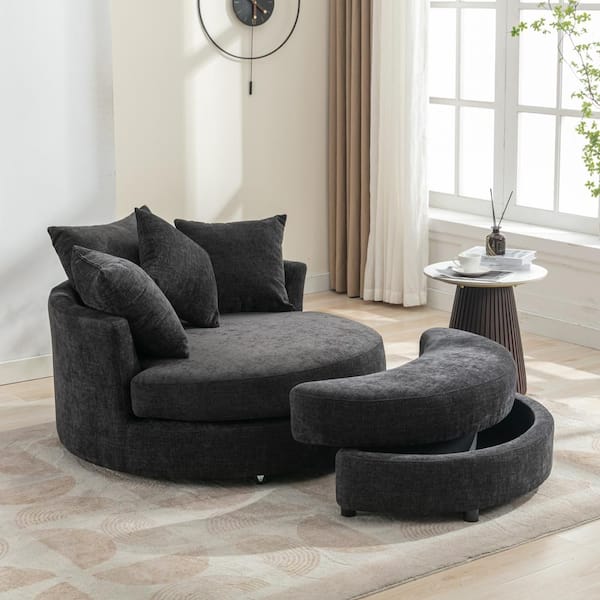 Gray Chenille 360° Swivel Accent Barrel Arm Chair with Storage Ottoman and 4-Pillows