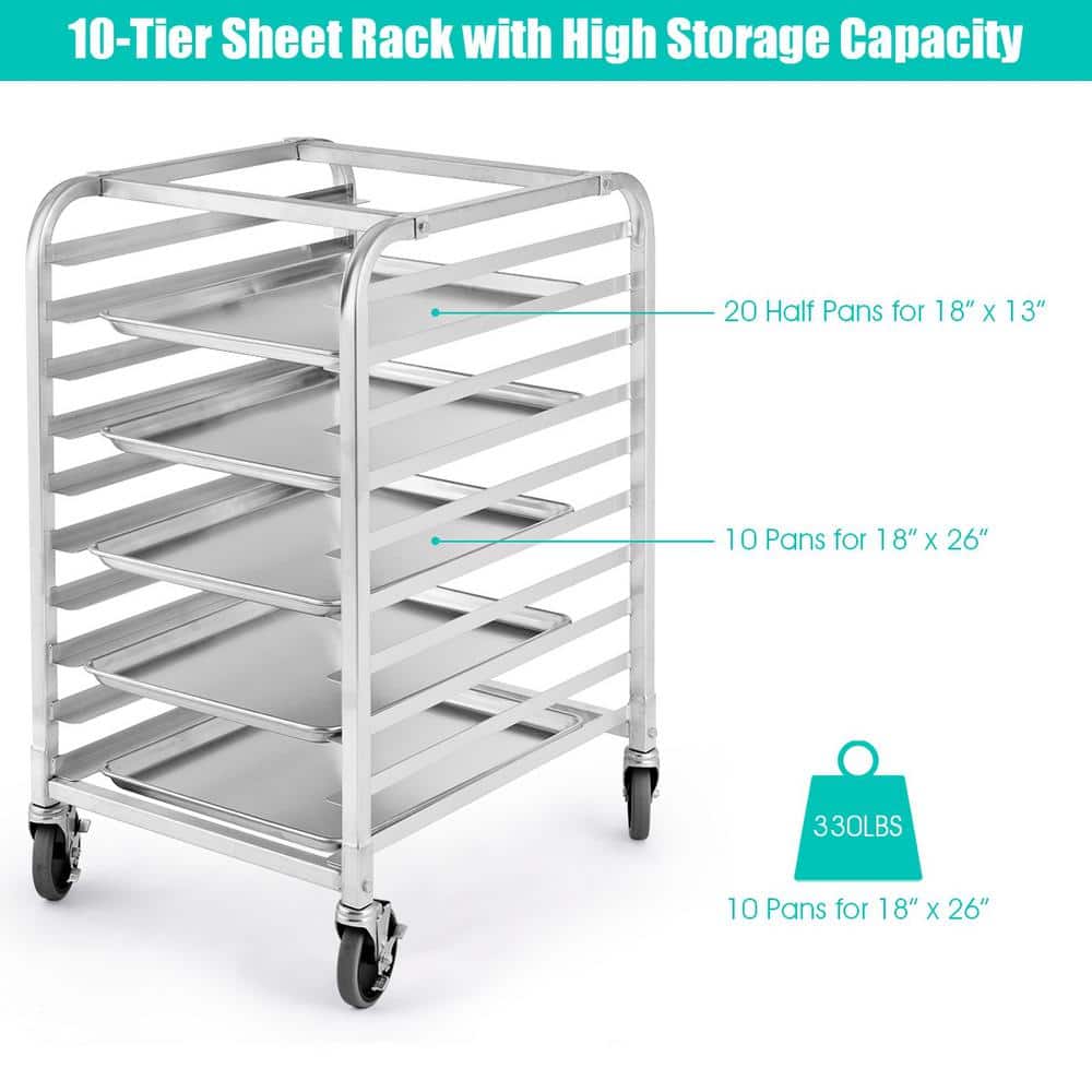 Aluminum Silver 10 Sheet Bun and Sheet Pan Rack with Mute Rolling Casters - thumbnail 4