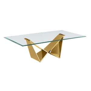 Arie 60 in. Clear Rectangle Glass Top Coffee Table With Gold Stainless Steel Base