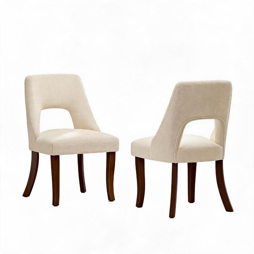 Beige Chenille Fabric Upholstered Tufted Club Dining Chair with Solid Wood Legs Set of 2 durable construction