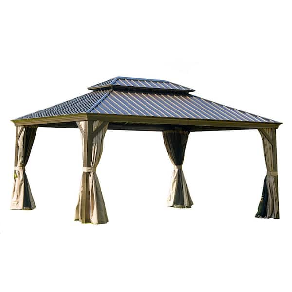 domi outdoor living 12 ft. x 14 ft. Aluminum Hardtop Gazebo with Galvanized Steel Double Roof Netting Curtains