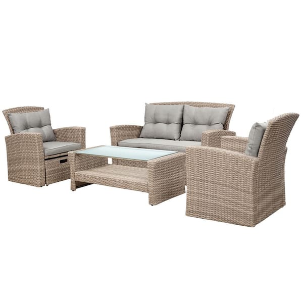 4-Piece Wicker Outdoor All Weather Conversation Sofa Sectional Set with Ottoman and Gray Cushions