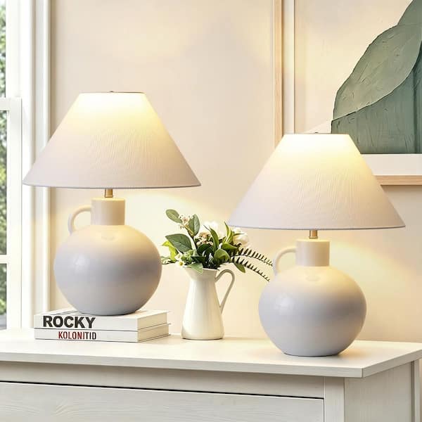 20 in. 1-Light Modern White Ceramic Table Lamp with Fabric Shade for Living Room and Bedside(Set of 2)