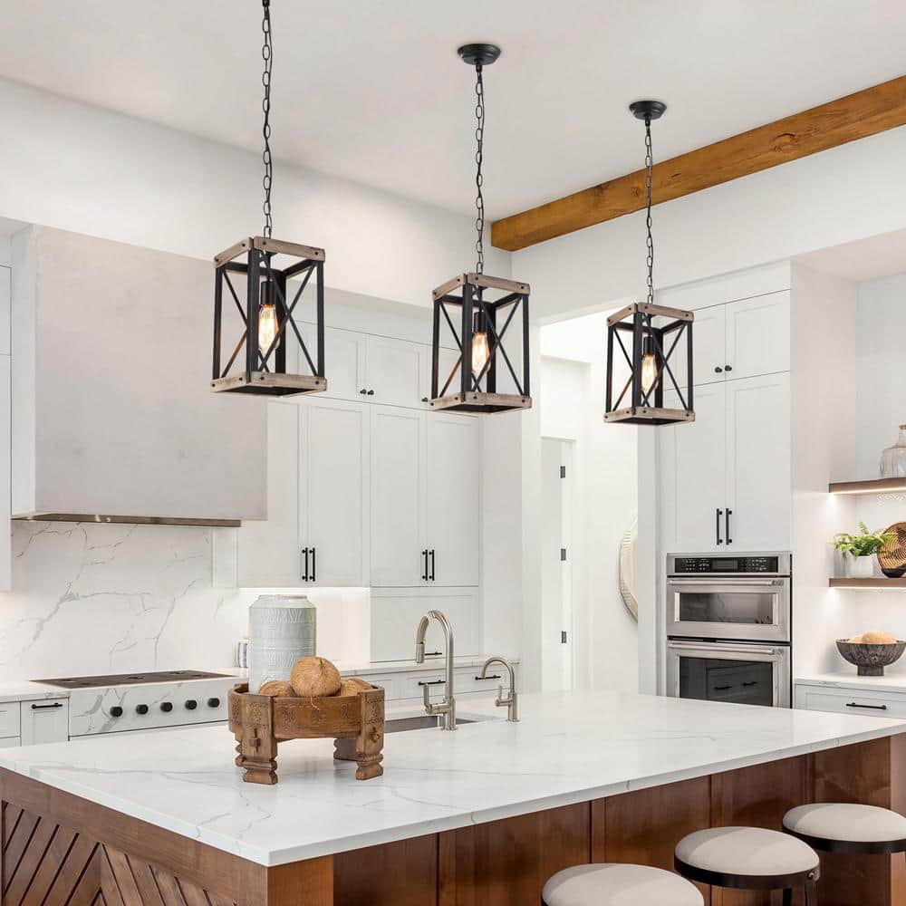 Rustic Black and Wood Cage Pendant Light