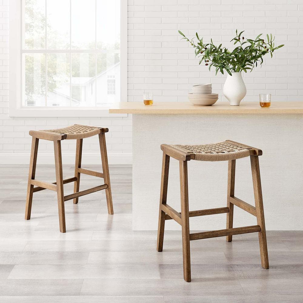 Saorise 26 in. Walnut Natural Backless Wood Bar Stool Counter Stool with Woven Rope 2 (Set of Included)