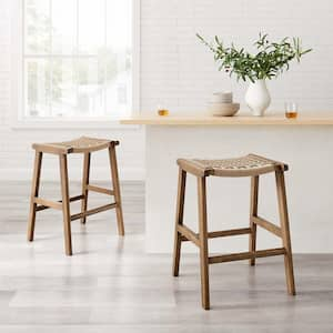 Saorise 26 in. Walnut Natural Backless Wood Bar Stool Counter Stool with Woven Rope 2 (Set of Included)