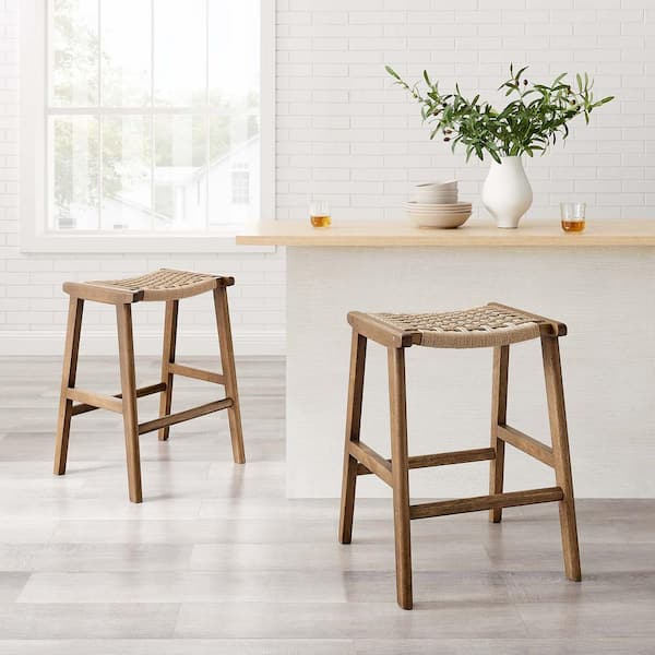 MODWAY Saorise 26 in. Walnut Natural Backless Wood Bar Stool Counter Stool with Woven Rope 2 (Set of Included)