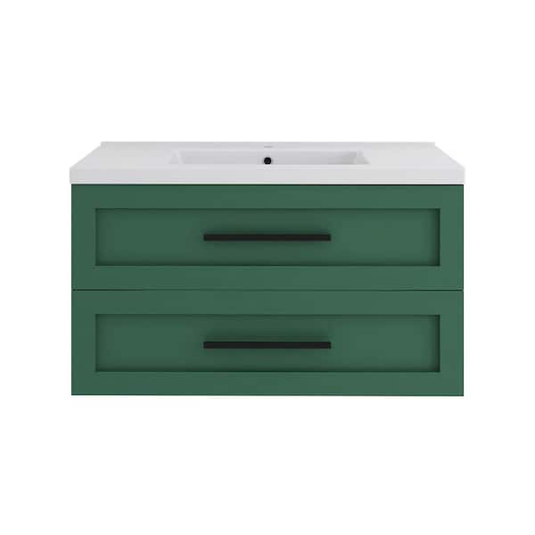 36 in. W x 18 in. D x 20 in. H Single Sink Wall-Mounted Bath Vanity in Green with White Ceramic Top