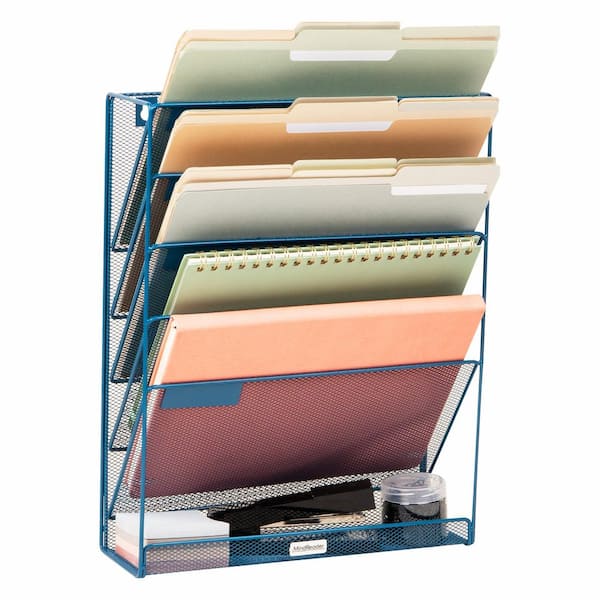 16 in. H x 4 in. W x 12.75 in. D Vertical File Storage Desktop Organizer Angled Wall Mount Metal Turquoise