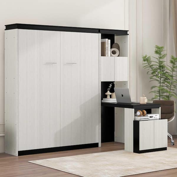 Black White Wood Frame Full Size Murphy Bed with Desk and Storage Shelves and Cabinets
