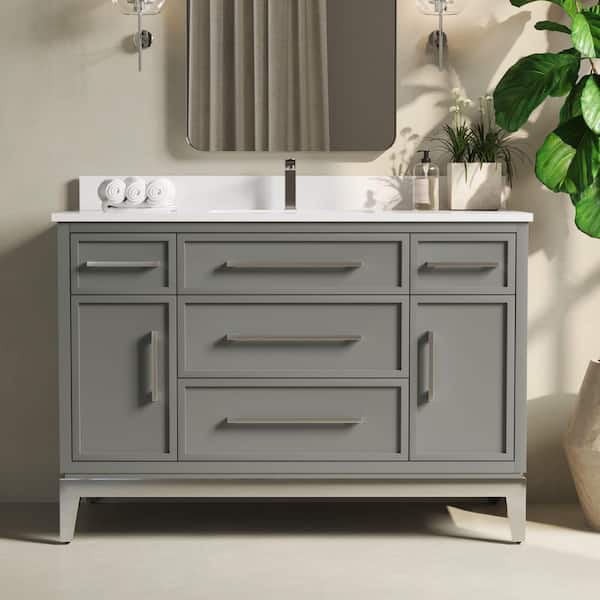 Urban Woodcraft Barrington 48 in. W x 22 in. D x 33.5 in. H Single in Gray Bath Vanity with White Quartz Counter Top with White Basin