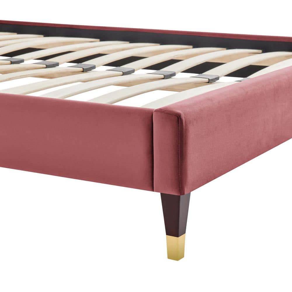 Dusty Rose Velvet Full Platform Bed Frame with Gold Accents