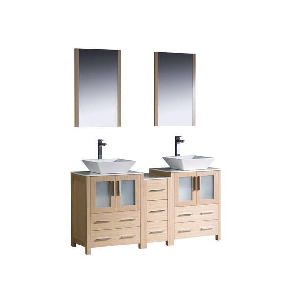 Fresca Torino 60 in. Double Vanity in Light Oak with Glass Stone Vanity Top in White with White Basins and Mirrors