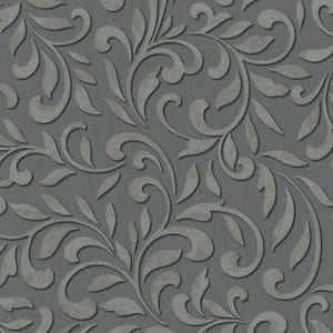 Scroll Damask Metallic Anthracite/Silver Vinyl on Non-Woven Non-Pasted Wallpaper Roll