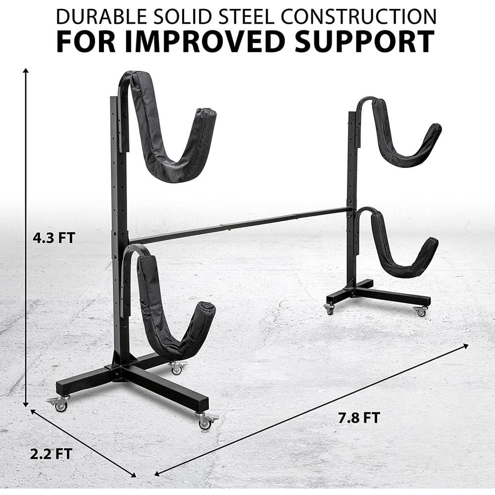 Heavy Duty Black Steel Freestanding 2-Kayak Storage Rack with Wheels