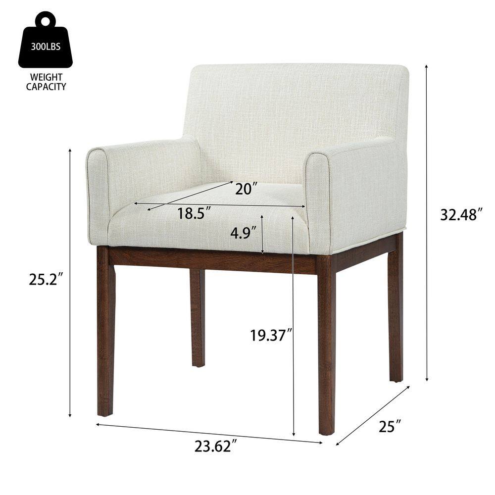 Beige upholstered dining chair with dimension measurements and weight capacity.