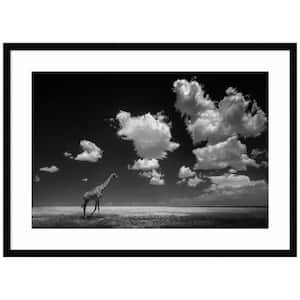 "Giraffe Goneith the Clouds" 1-Piece Framed Black and White Animal Photography Wall Art 24 in. x 33 in.