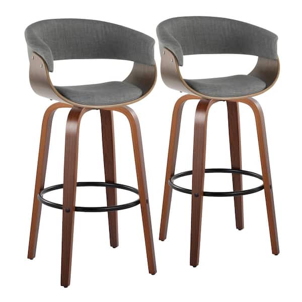 Lumisource Vintage Mod 29 in. Light Grey Fabric, Walnut Wood and Black Metal Fixed-Height Bar Stool Round Footrest (Set of 2)