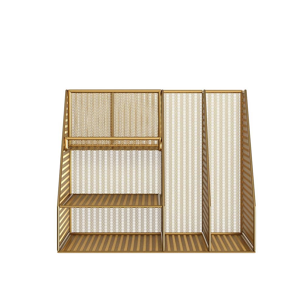 Gold Mesh Metal Large Desktop Organizer with File and Pen Holders